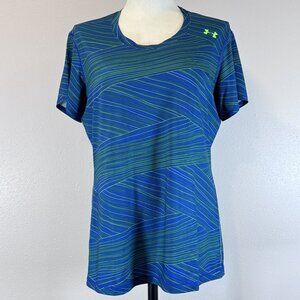 Under Armour Womens Fitted HeatGear Shirt Large Blue Green Striped Short Sleeve